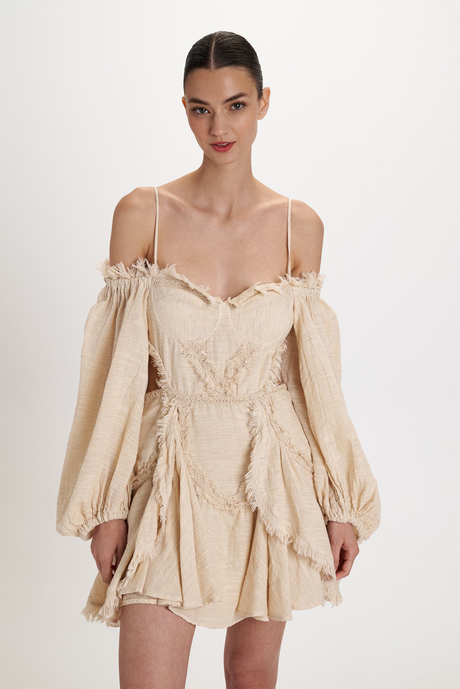 Fringe Mini Dress Butter front view