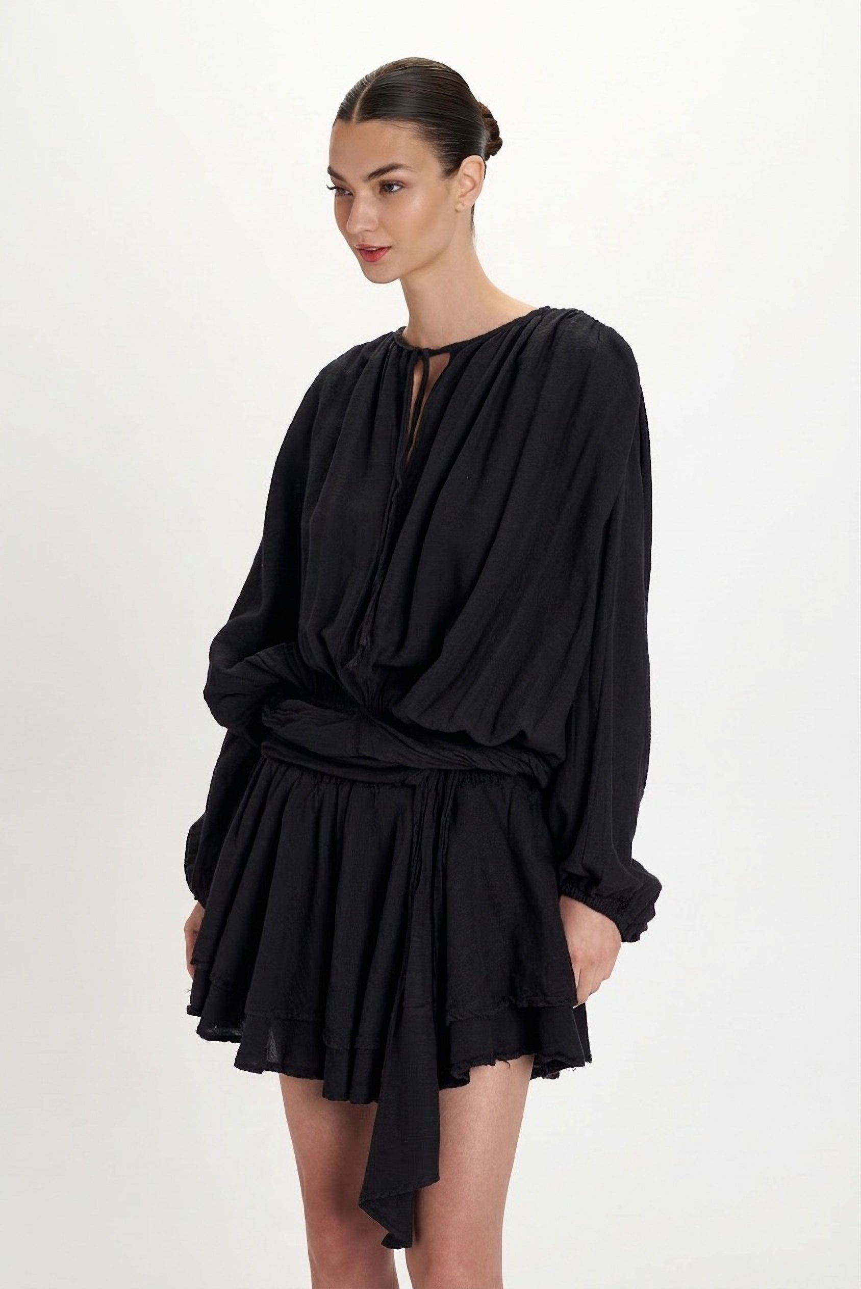 Gauze Ruffle Dress - Black