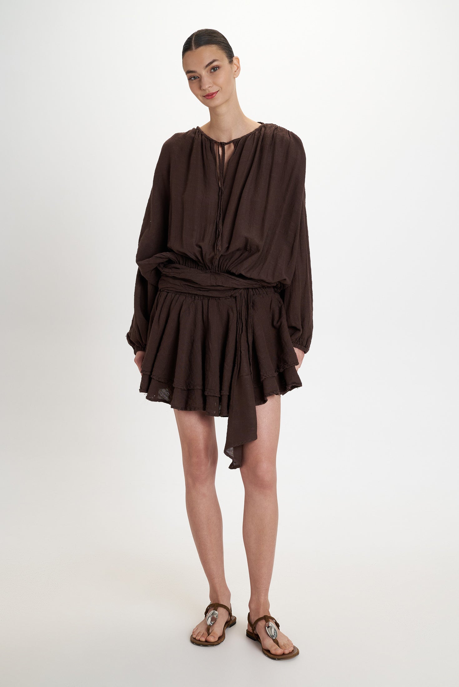Ruffle Dress Brown Brown front view