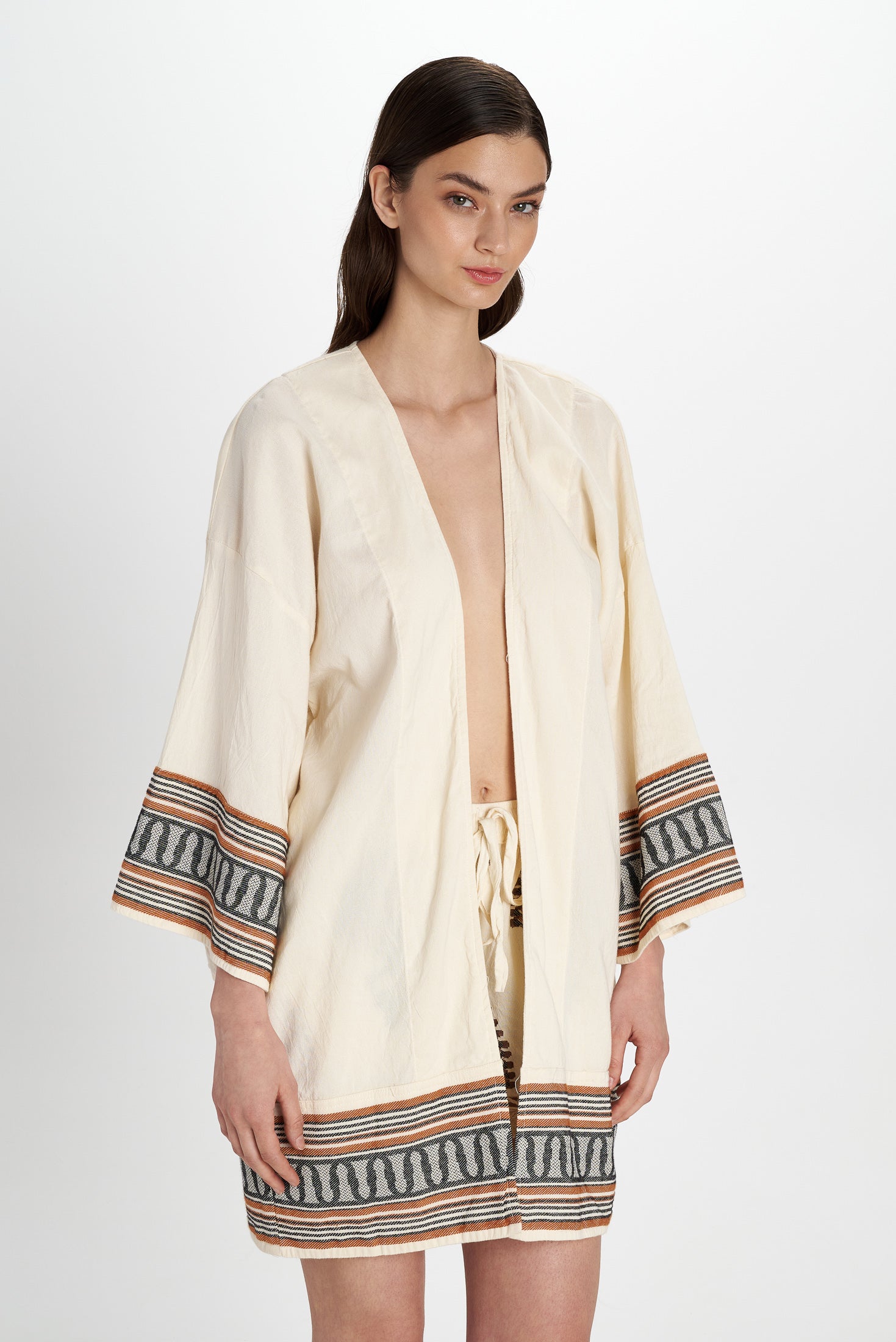 Embroidered Cotton Kimono Natural front view