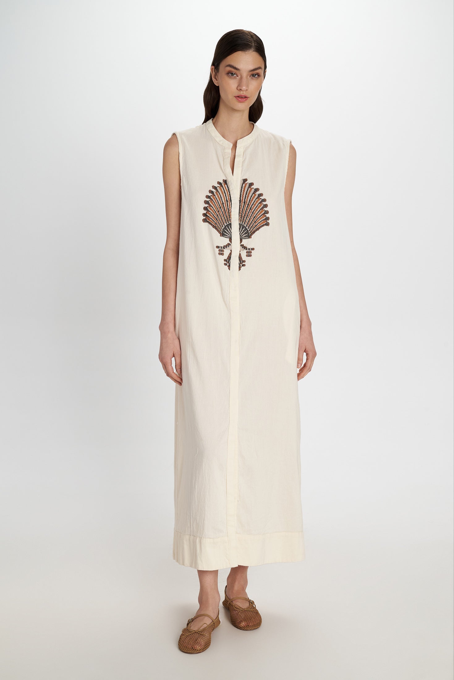 Embroidered Sleeveless Dress Natural front view