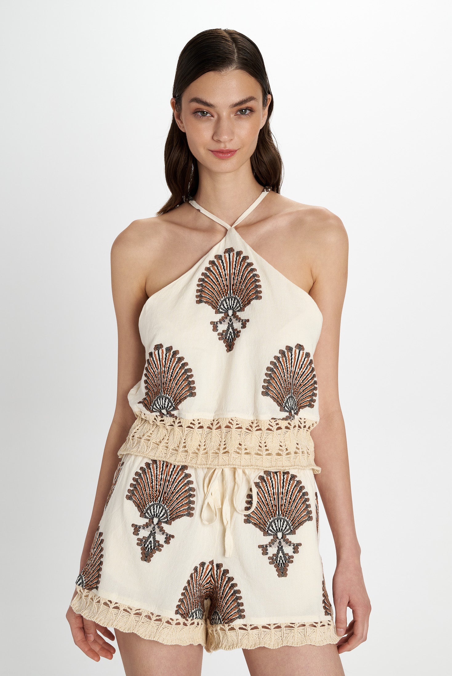 Embroidered Cotton Shorts Natural front view