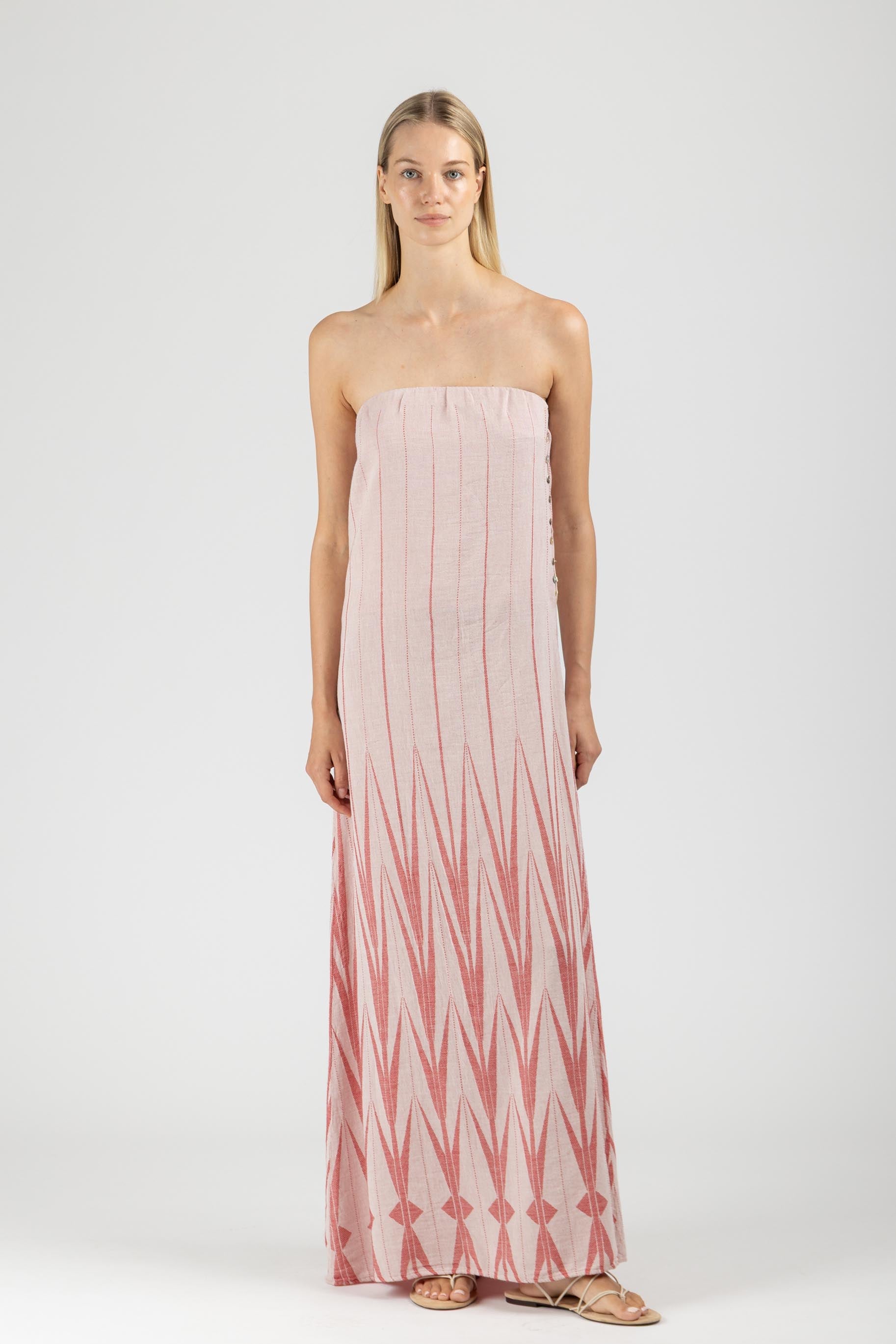 JACQUARD STRAPLESS MAXI DRESS