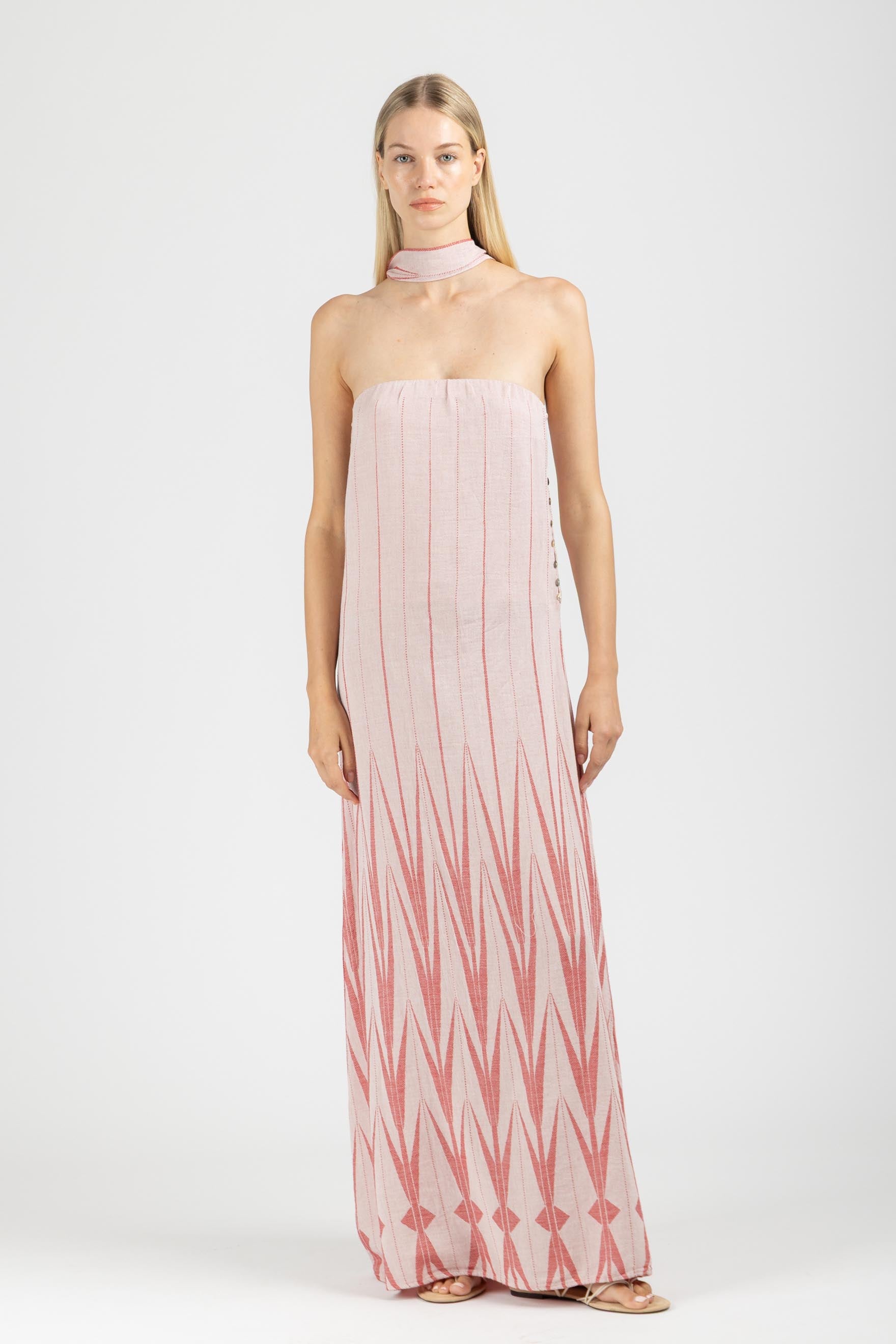JACQUARD STRAPLESS MAXI DRESS